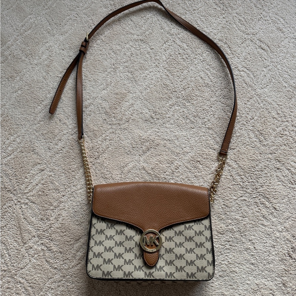 Brown and Gray Geometric Crossbody Bag with Leather Flap